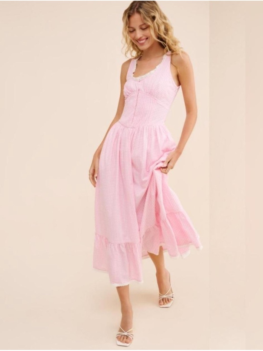 LoveShackFancy Pink Gingham Midi Dress with Ruffle Hem. 100 percent cotton